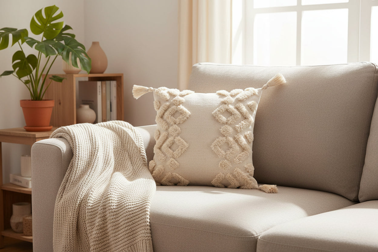 Creamy Texture – Boho-Kissenbezug mit Quasten-Details