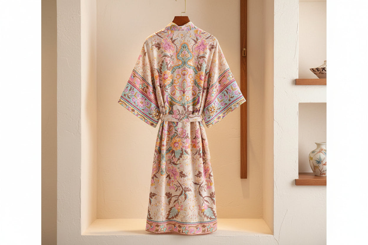 Desert Bloom: Lange Resort-Robe mit Glockenärmeln & Vintage-Print