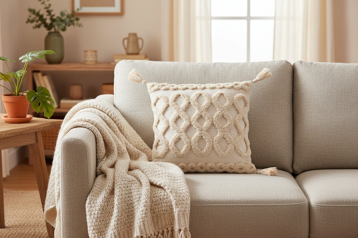 Creamy Texture – Boho-Kissenbezug mit Quasten-Details
