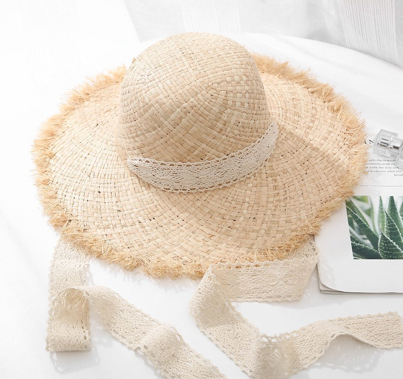Lafite Strohhut mit breiter Krempe – Eleganter XL-Sonnenhut aus Naturgras mit Kontrastband für Strand & Urlaub