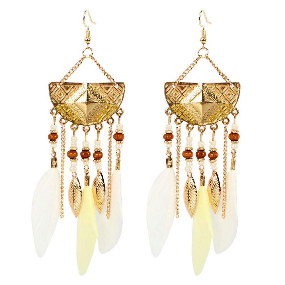 Bohemian Earrings Vintage Long Tassel Feather Earrings Exaggerated Semicircle Geometric Earrings