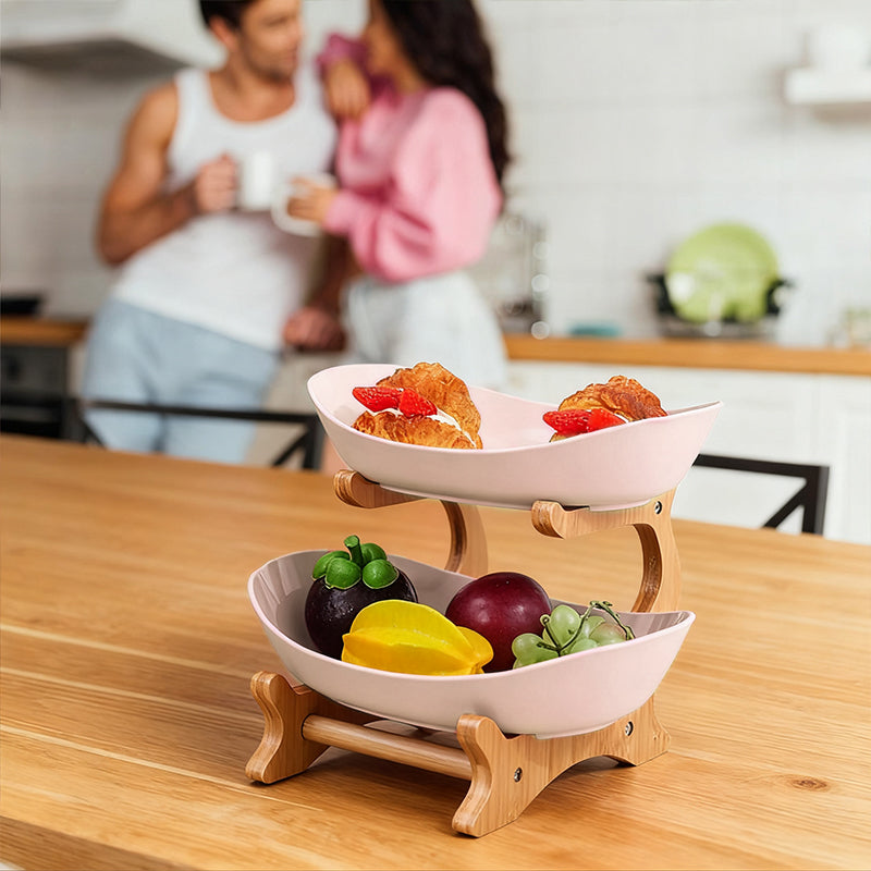 Nature’s Harvest: Etagen-Obstschale aus Bambus & Keramik-Optik