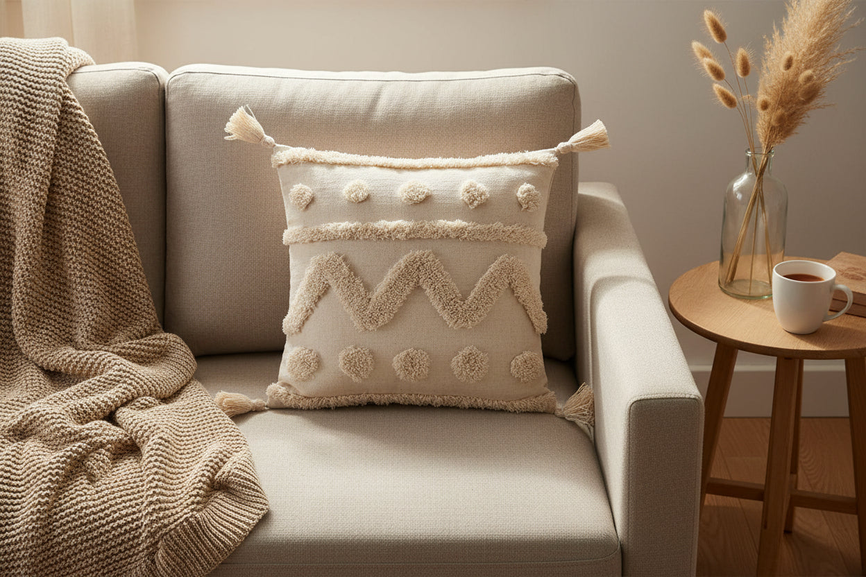 Creamy Texture – Boho-Kissenbezug mit Quasten-Details