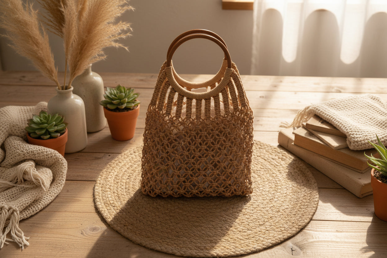 Ocean Net Tote: Handgeknüpfte Baumwolltasche mit Echtholz-Griffen