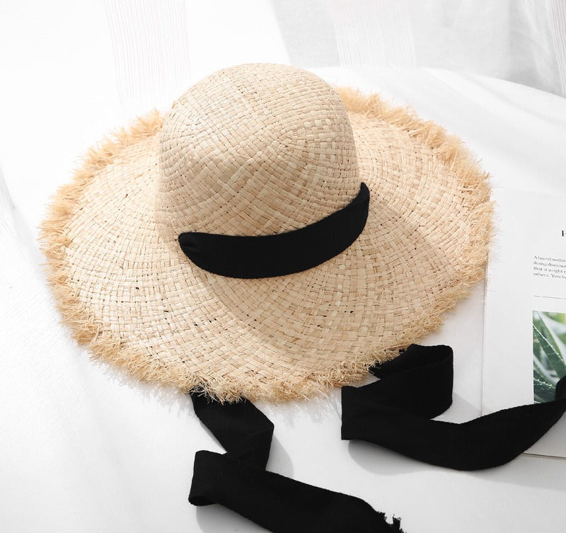 Lafite Strohhut mit breiter Krempe – Eleganter XL-Sonnenhut aus Naturgras mit Kontrastband für Strand & Urlaub
