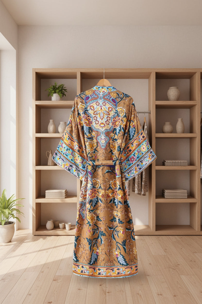 Boho Radiance: Langer Baumwoll-Kimono mit Paisley-Print & Vintage-Flair