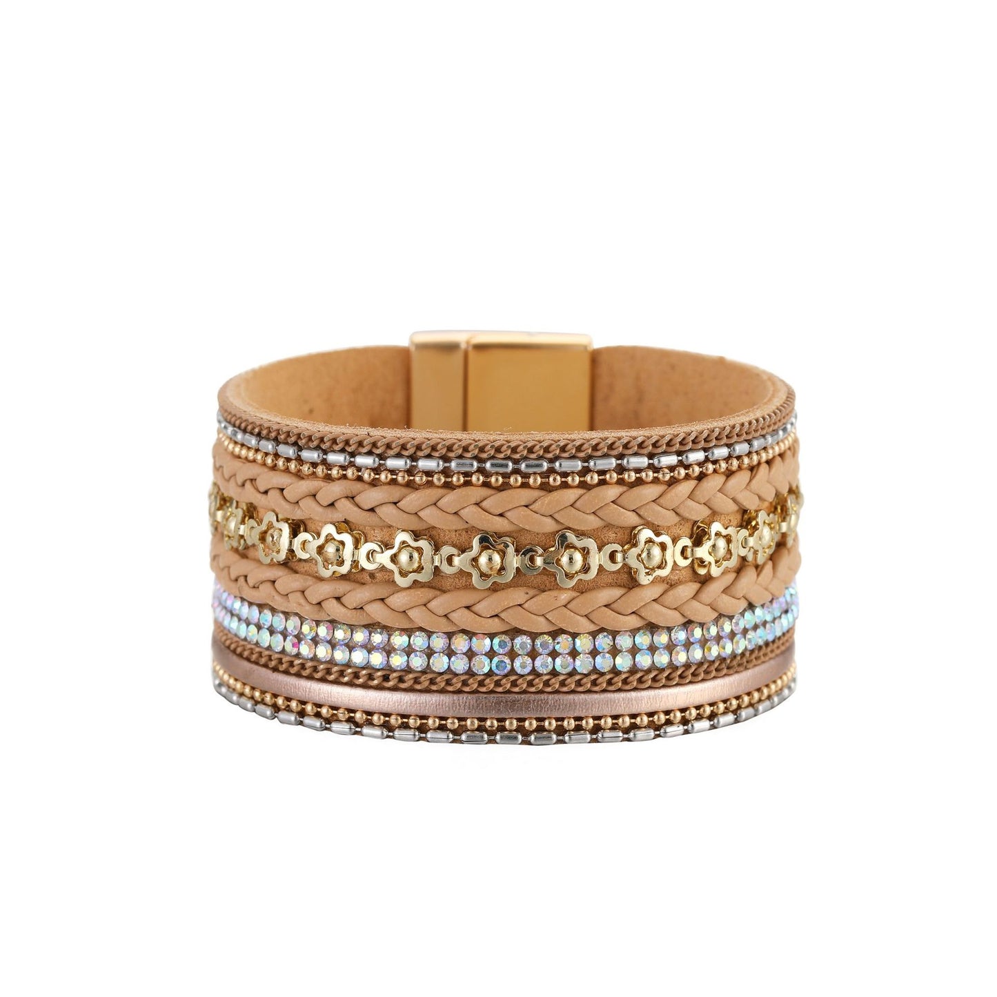 Golden Blossom: Breites Boho-Manschettenarmband mit Gold-Elementen