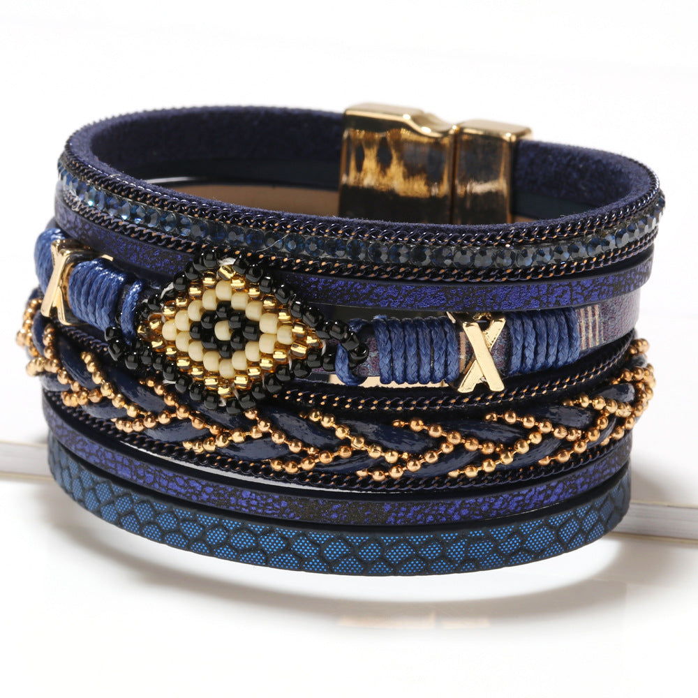 Mystic Eye: Mehrlagiges Lederarmband mit Strass & Schutzsymbol