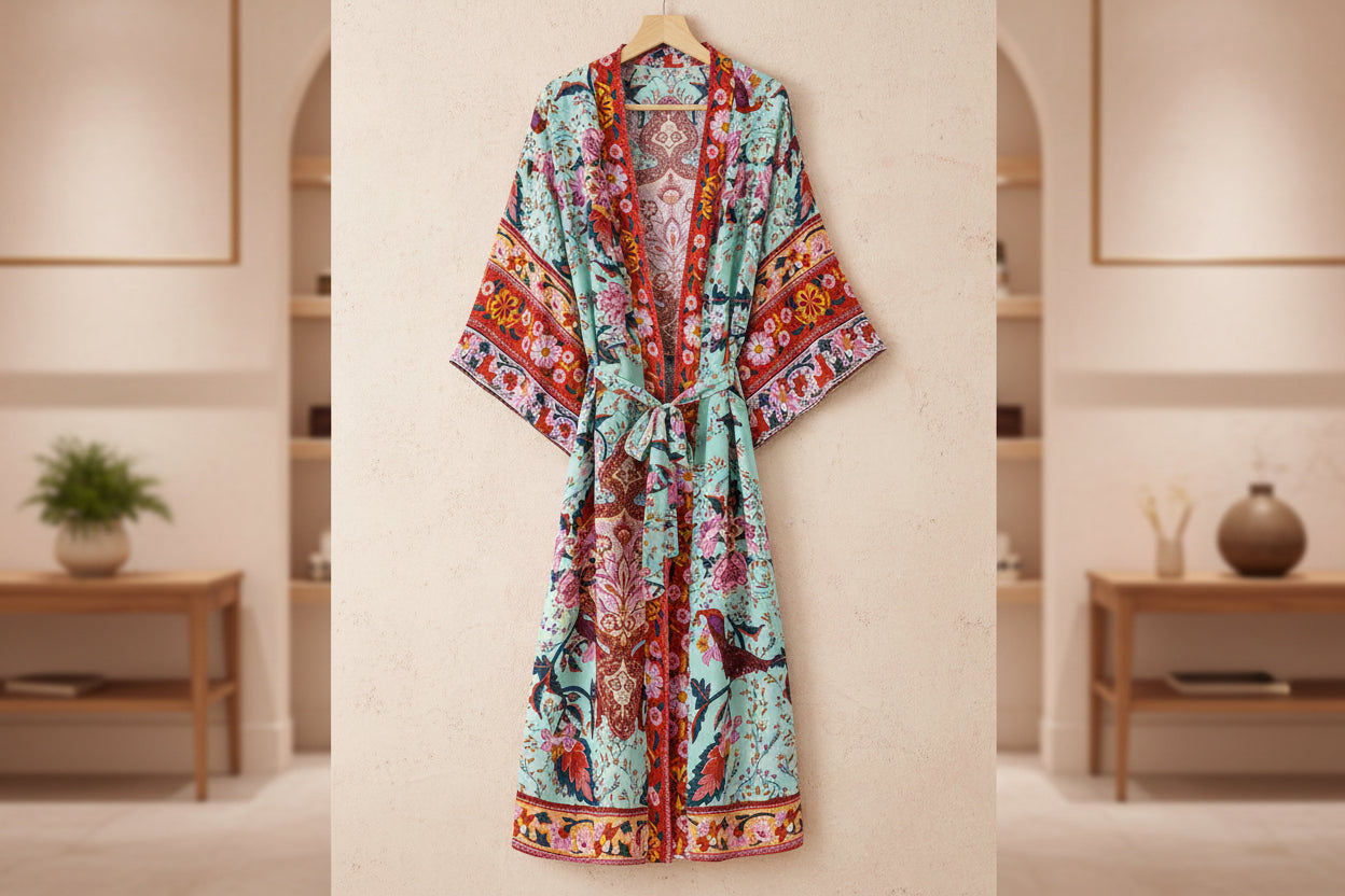 Boho Radiance: Langer Baumwoll-Kimono mit Paisley-Print & Vintage-Flair
