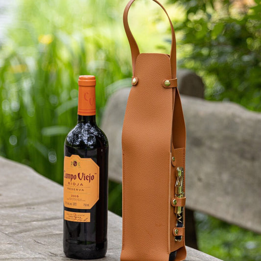 Edle Leder-Weintasche (35cm) – Tragbarer Flaschenhalter für Wein & Champagner für Picknick & Reise