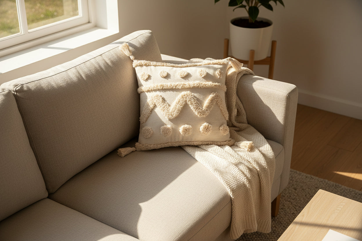 Creamy Texture – Boho-Kissenbezug mit Quasten-Details