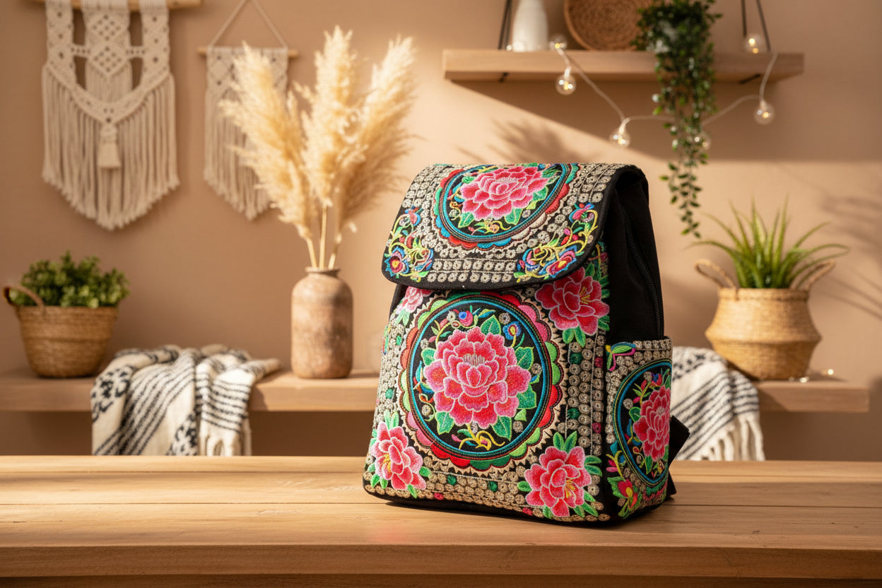 Midnight Blossom – Bestickter Vintage-Rucksack aus Baumwoll-Segeltuch