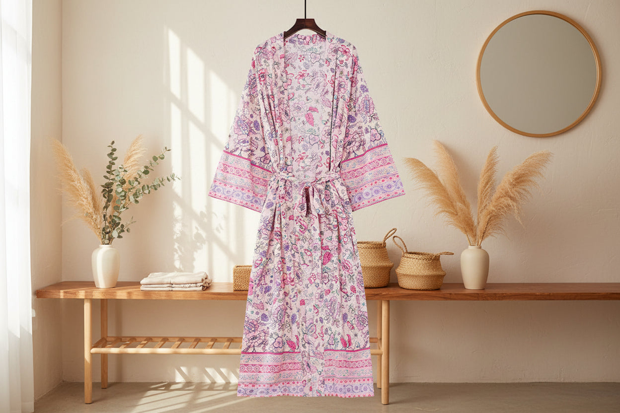 Floral Muse: Boho-Resort-Kimono aus reiner Baumwolle mit romantischem Print