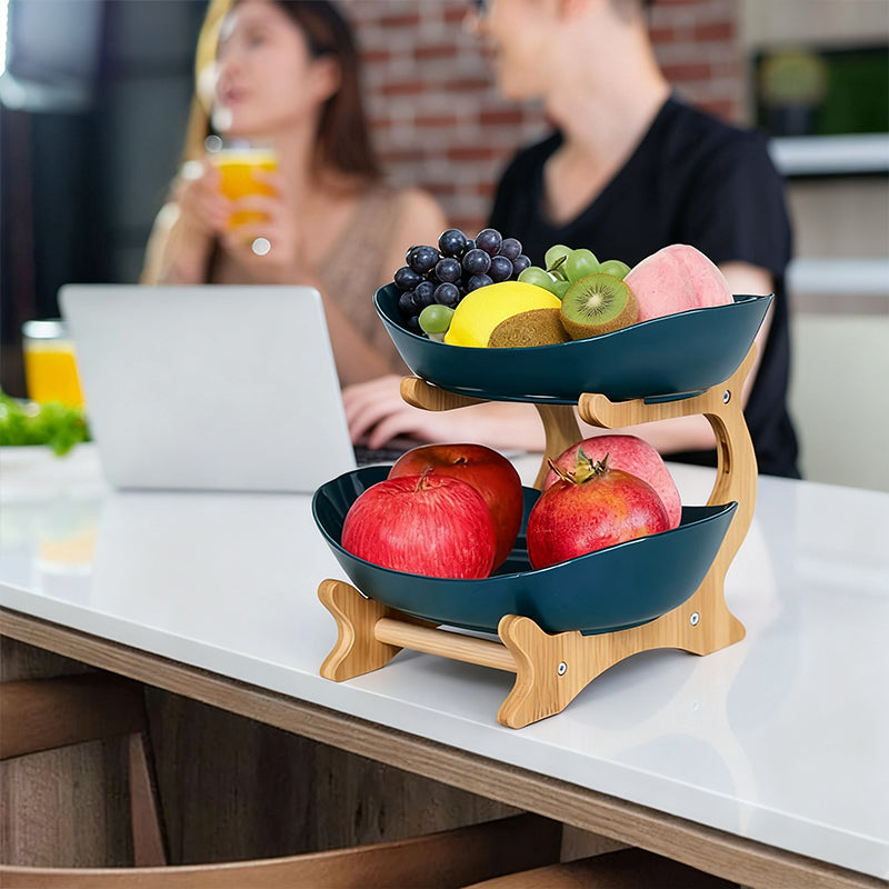 Nature’s Harvest: Etagen-Obstschale aus Bambus & Keramik-Optik