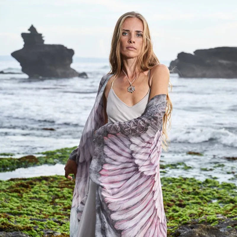 Boho Feather Wings Bikini Cover-up – Frauen Sommer Kimono Strandkleid Tunika für Urlaub und Schwimmbad