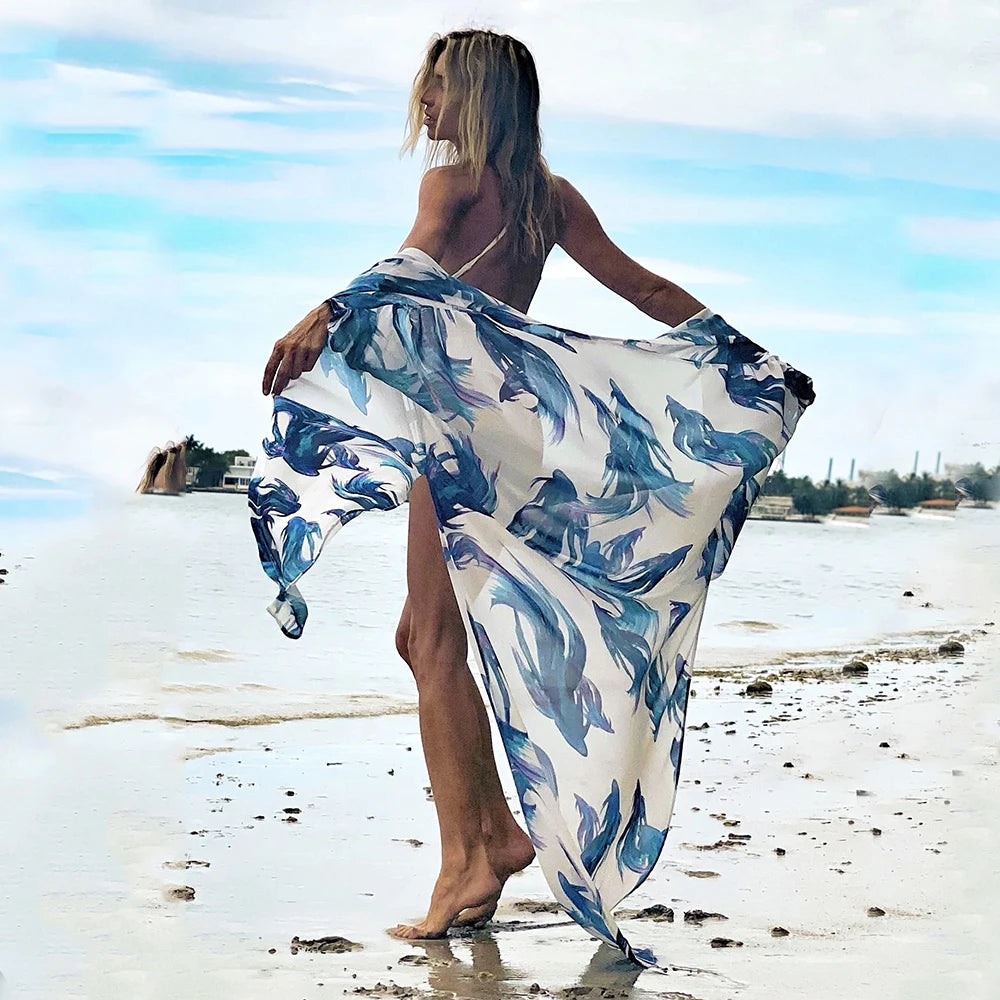 Bikini Beach Cover-Up Tunika mit Blätterdruck – Lange Kaftan Sarong Badeanzug Bedeckung für den Strand