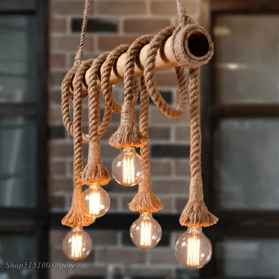 Vintage Rope Bamboo Pendelleuchte mit Hanfseil – Loft-Stil Hängelampe für Küche, Café und Bar