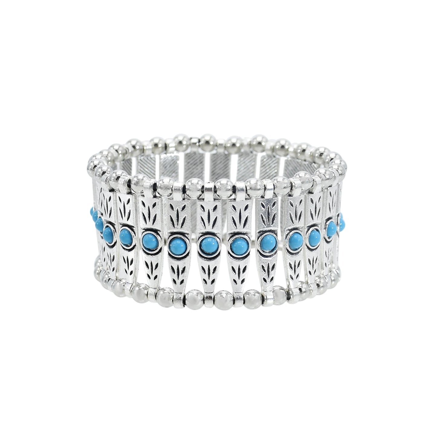 Gypsy Tribal Tibetan Bracelet für Damen & Herren – Boho Vintage Silber Turquoise Elastisches Bangle – Afghanisches, Türkisches, Ethnisches Indisches Schmuckstück