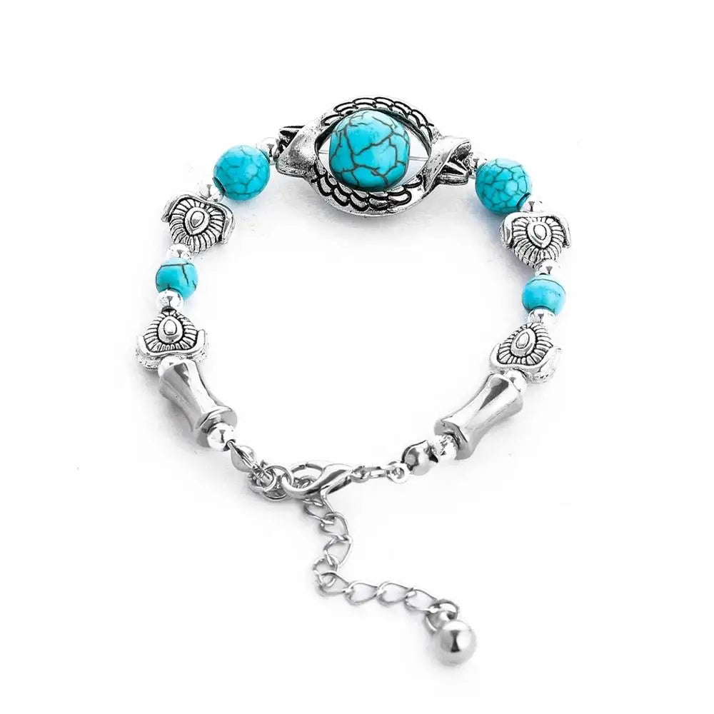 Gypsy Tribal Tibetan Bracelet für Damen & Herren – Boho Vintage Silber Turquoise Elastisches Bangle – Afghanisches, Türkisches, Ethnisches Indisches Schmuckstück