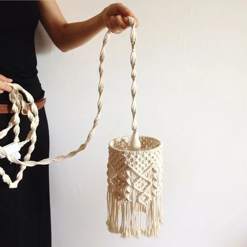 Handmade Macrame Light Shade Chandeliers Hanging Lamp Cover Handcraft Tassel Light Cover  Macrame Woven Bohemia Tapestry Decor
