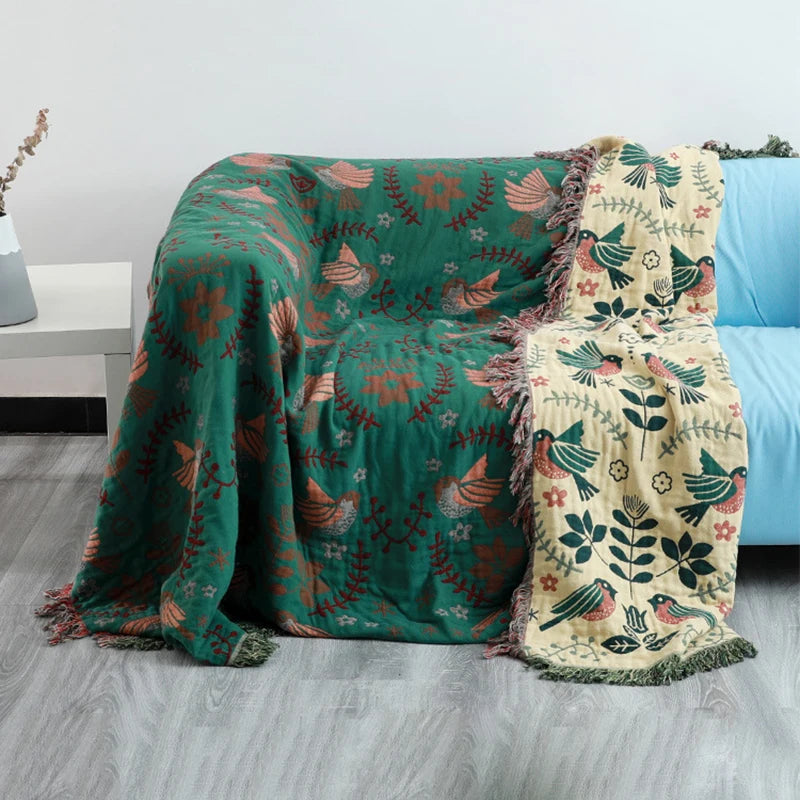 Boho Stil Baumwoll-Wurfdecke mit Bestickten Blumen & Vögeln – Dekorative Tagesdecke für Sofa & Bett