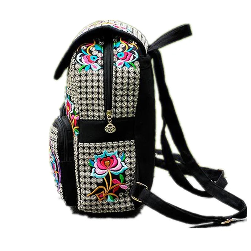 Vintage Floral Stickerei Canvas Rucksack für Damen – Casual Ethnischer Rucksack mit mehreren Taschen, Klappen-Schulranzen & Reisetasche