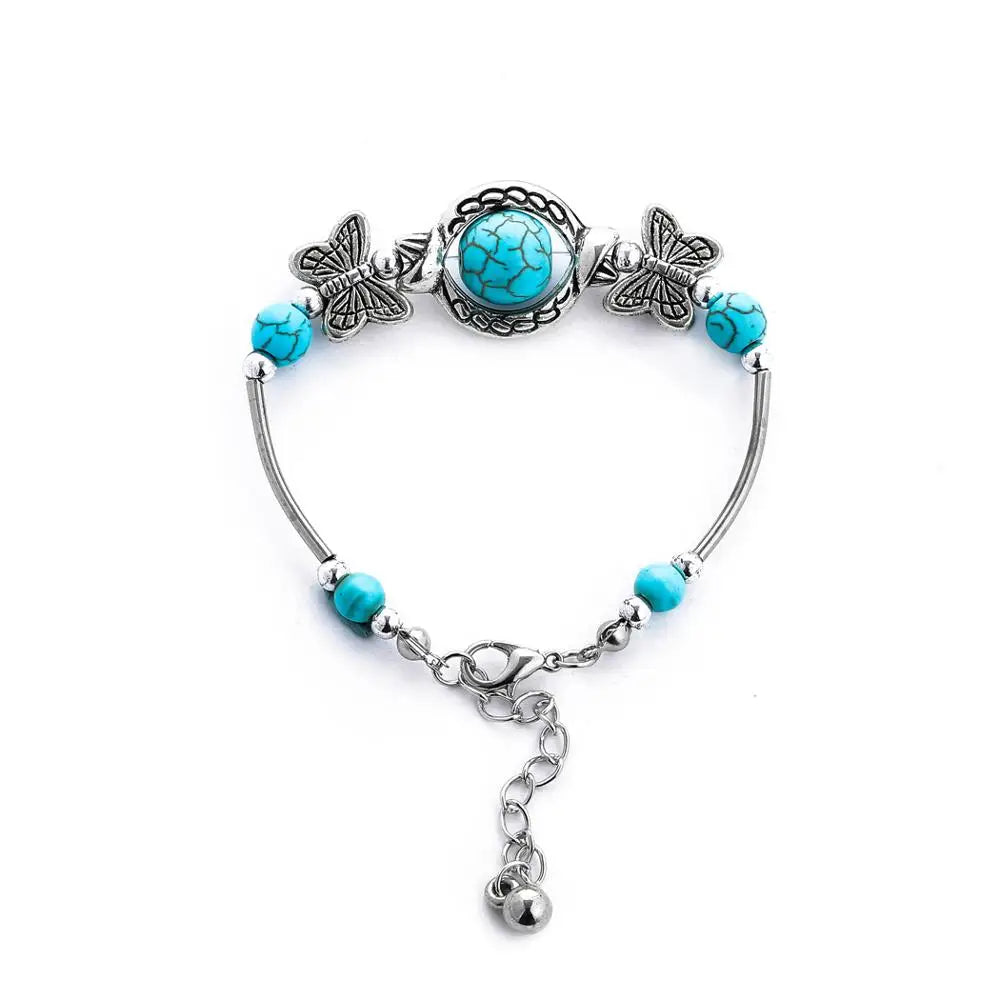 Gypsy Tribal Tibetan Bracelet für Damen & Herren – Boho Vintage Silber Turquoise Elastisches Bangle – Afghanisches, Türkisches, Ethnisches Indisches Schmuckstück