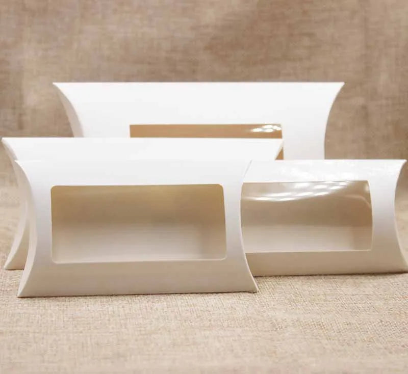 10er Set Pillow Window Box aus Karton (16x7x2,4 cm) in Braun/Weiß/Schwarz mit Klarsicht-PVC für Geschenke, Produkte und Favoriten