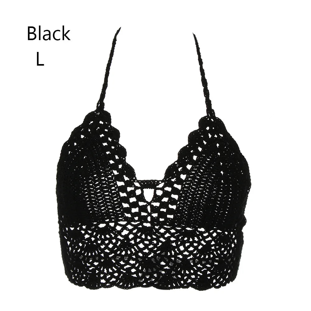 New Sexy Crochet Bikini Crop Top – Boho Beach Camisole Bralette Halter Cami Knitted Bra für Damen – Backless Beachwear Tank Top