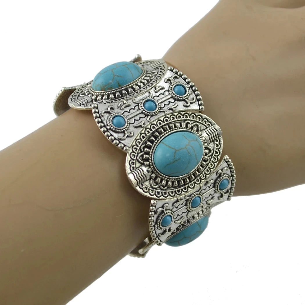 Gypsy Tribal Tibetan Bracelet für Damen & Herren – Boho Vintage Silber Turquoise Elastisches Bangle – Afghanisches, Türkisches, Ethnisches Indisches Schmuckstück