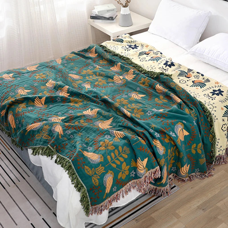 Boho Stil Baumwoll-Wurfdecke mit Bestickten Blumen & Vögeln – Dekorative Tagesdecke für Sofa & Bett