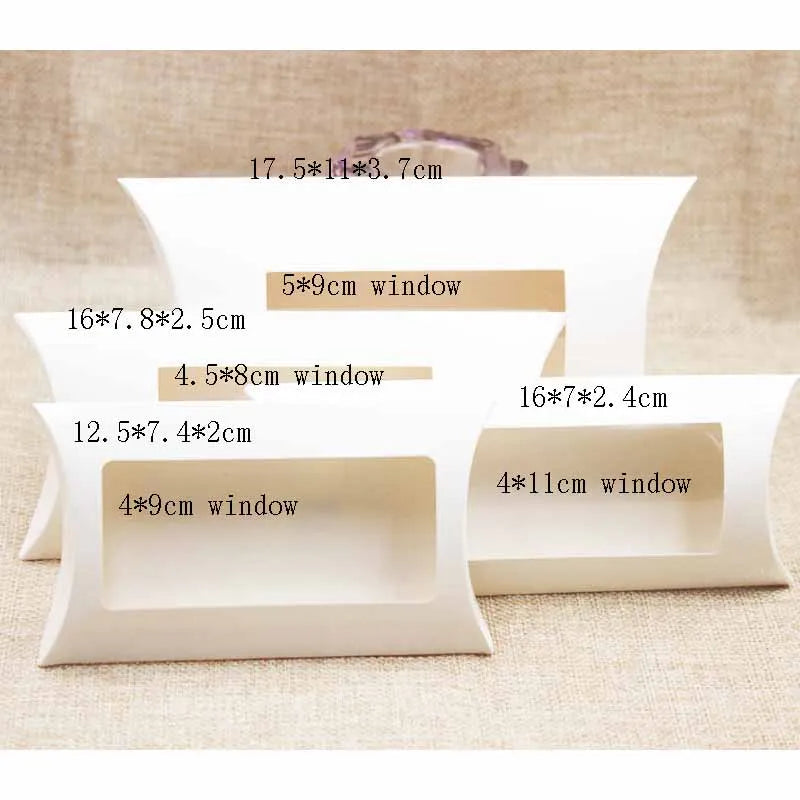 10er Set Pillow Window Box aus Karton (16x7x2,4 cm) in Braun/Weiß/Schwarz mit Klarsicht-PVC für Geschenke, Produkte und Favoriten