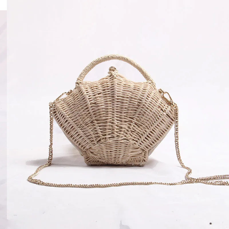 Muschel-förmige Rattan Woven Umhängetasche – Kleine Strohtasche für Strandurlaub und Freizeit