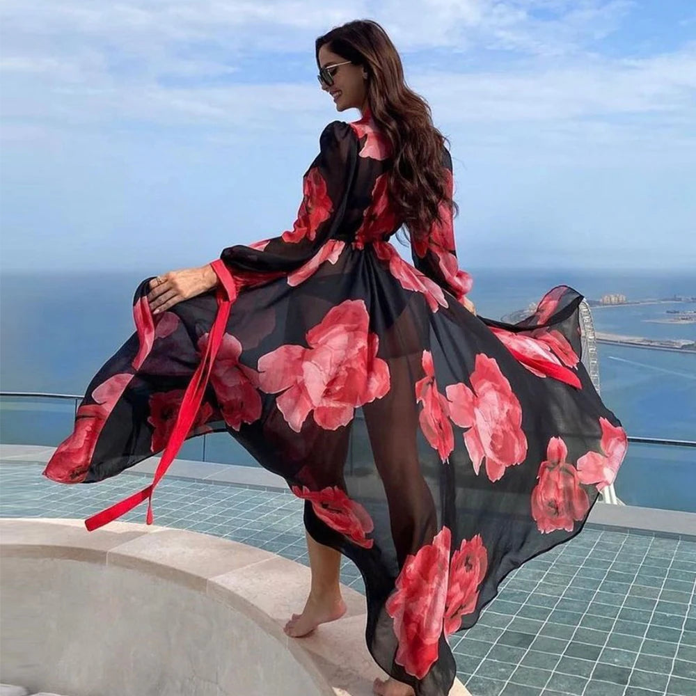 Bikini Beach Cover-Up Tunika mit Blätterdruck – Lange Kaftan Sarong Badeanzug Bedeckung für den Strand