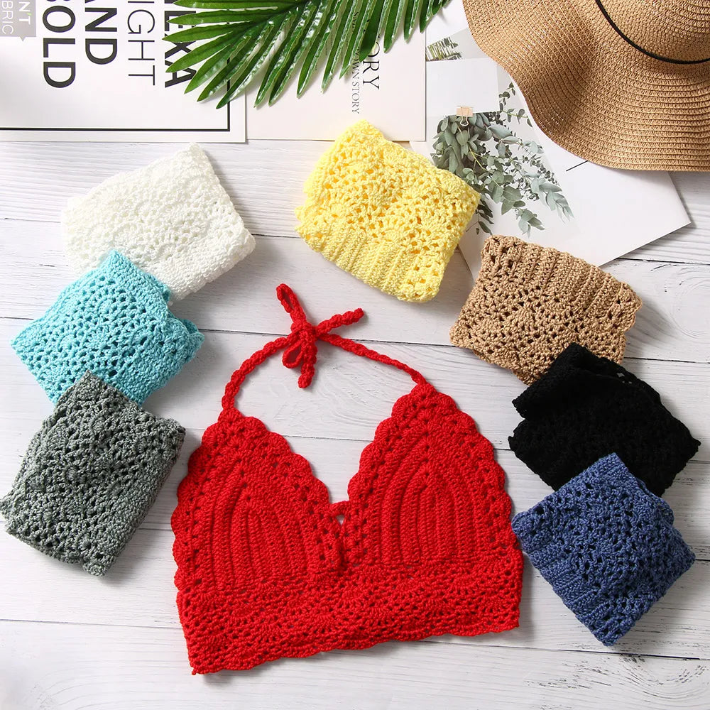 New Sexy Crochet Bikini Crop Top – Boho Beach Camisole Bralette Halter Cami Knitted Bra für Damen – Backless Beachwear Tank Top