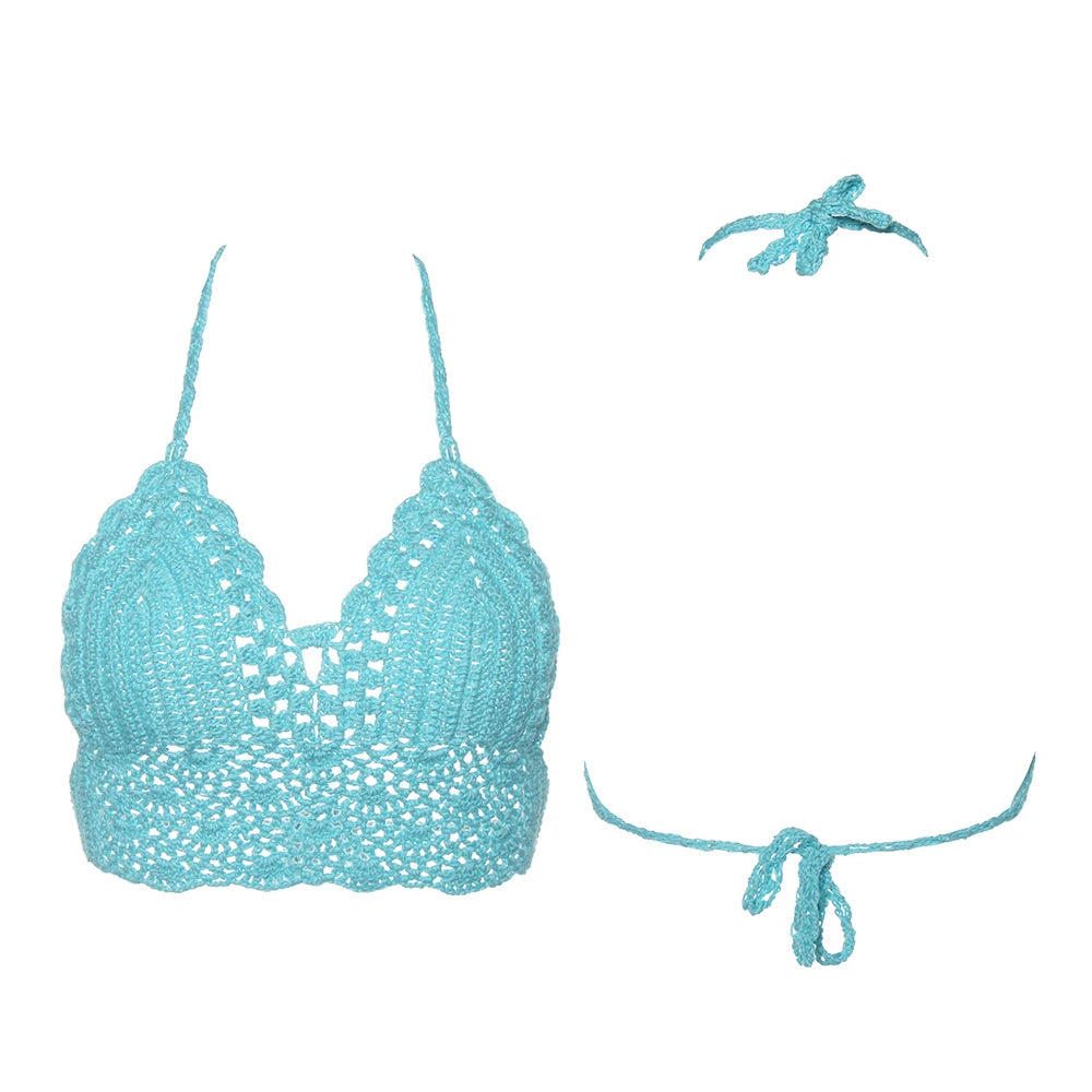 New Sexy Crochet Bikini Crop Top – Boho Beach Camisole Bralette Halter Cami Knitted Bra für Damen – Backless Beachwear Tank Top