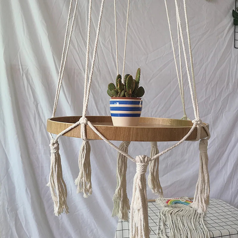 Handgefertigtes Makramee Regal – Boho Pflanzenhalter mit Holzplatte für Schlafzimmer & Heimdekoration