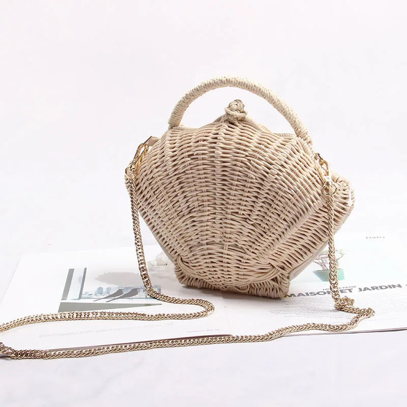 Muschel-förmige Rattan Woven Umhängetasche – Kleine Strohtasche für Strandurlaub und Freizeit