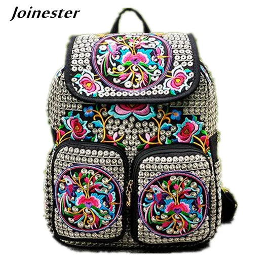 Vintage Floral Stickerei Canvas Rucksack für Damen – Casual Ethnischer Rucksack mit mehreren Taschen, Klappen-Schulranzen & Reisetasche