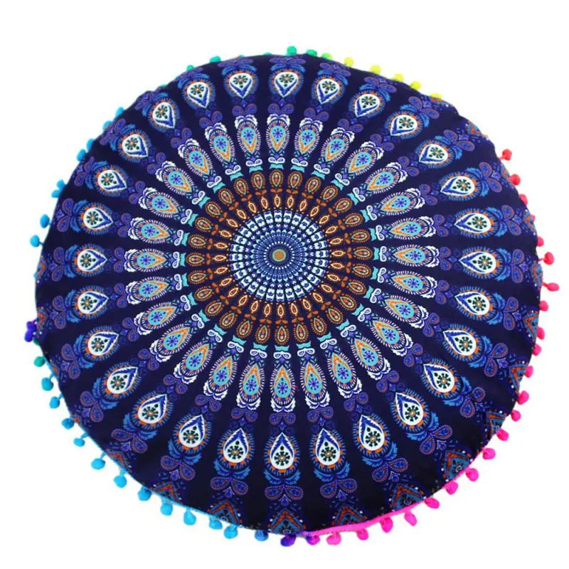 Runder Mandala Kissenbezug – Boho Stil Pouf Kissenhülle im Indianischen Design für Bodenpillow und Dekoration