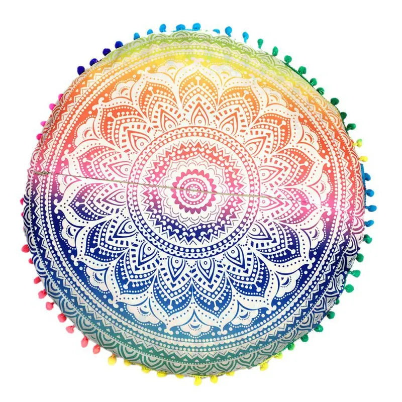 Runder Mandala Kissenbezug – Boho Stil Pouf Kissenhülle im Indianischen Design für Bodenpillow und Dekoration