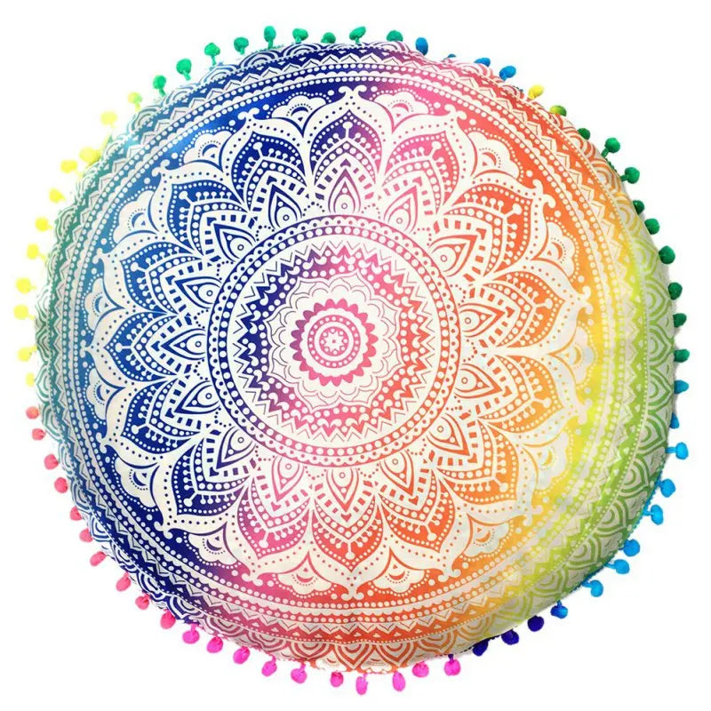 Runder Mandala Kissenbezug – Boho Stil Pouf Kissenhülle im Indianischen Design für Bodenpillow und Dekoration