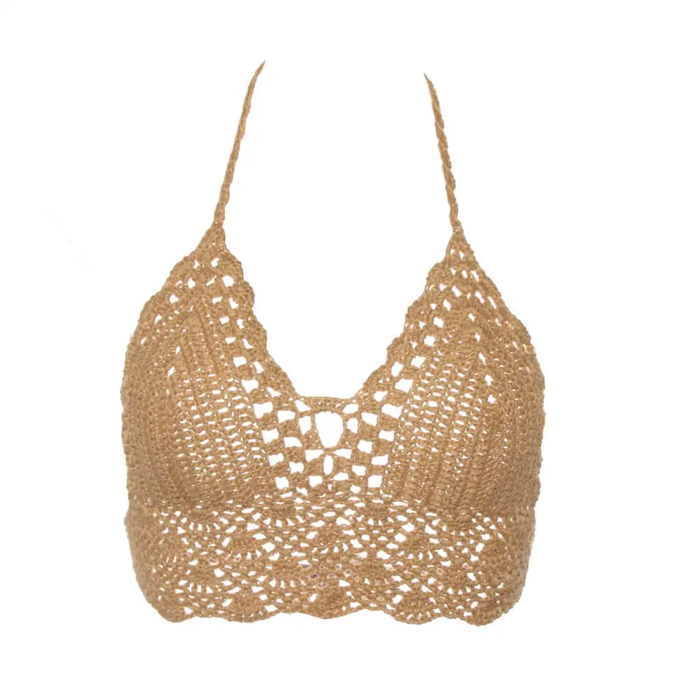 New Sexy Crochet Bikini Crop Top – Boho Beach Camisole Bralette Halter Cami Knitted Bra für Damen – Backless Beachwear Tank Top