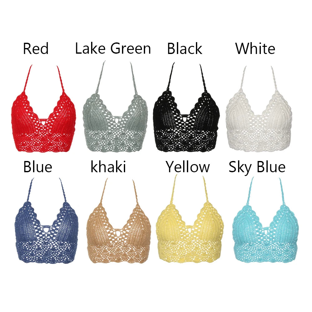 New Sexy Crochet Bikini Crop Top – Boho Beach Camisole Bralette Halter Cami Knitted Bra für Damen – Backless Beachwear Tank Top