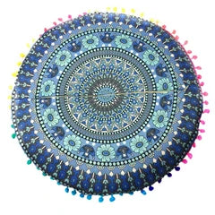 Runder Mandala Kissenbezug – Boho Stil Pouf Kissenhülle im Indianischen Design für Bodenpillow und Dekoration