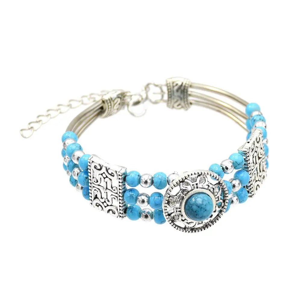Gypsy Tribal Tibetan Bracelet für Damen & Herren – Boho Vintage Silber Turquoise Elastisches Bangle – Afghanisches, Türkisches, Ethnisches Indisches Schmuckstück