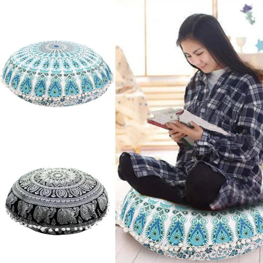 Runder Mandala Kissenbezug – Boho Stil Pouf Kissenhülle im Indianischen Design für Bodenpillow und Dekoration