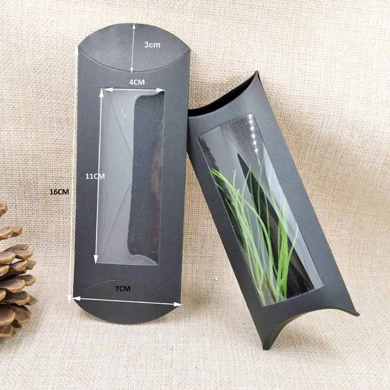 10er Set Pillow Window Box aus Karton (16x7x2,4 cm) in Braun/Weiß/Schwarz mit Klarsicht-PVC für Geschenke, Produkte und Favoriten