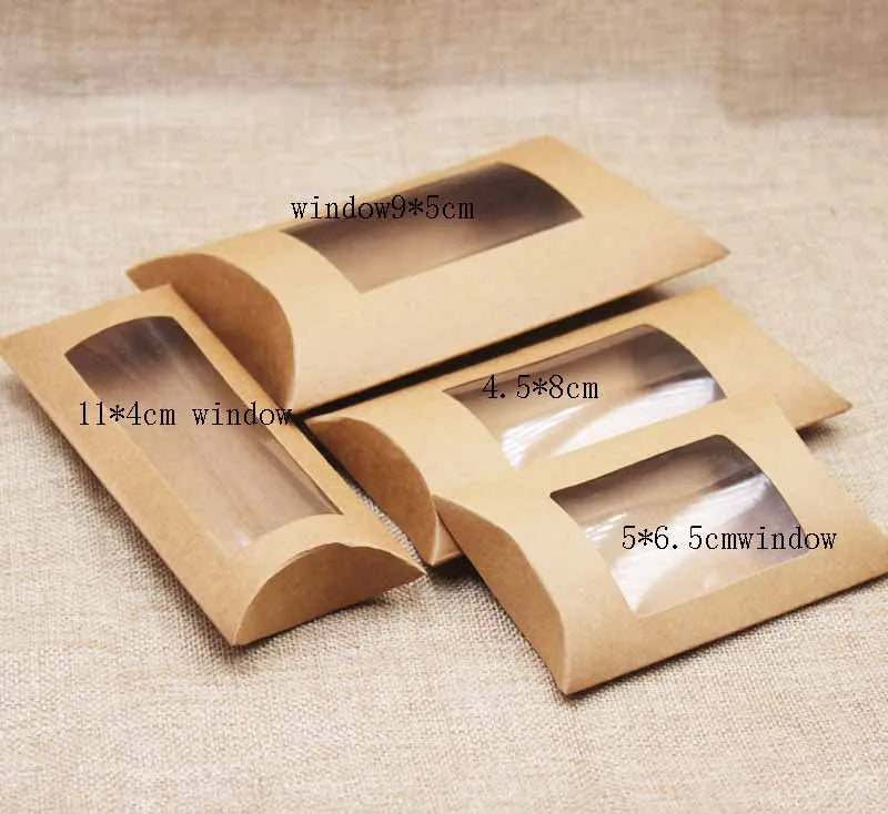 10er Set Pillow Window Box aus Karton (16x7x2,4 cm) in Braun/Weiß/Schwarz mit Klarsicht-PVC für Geschenke, Produkte und Favoriten