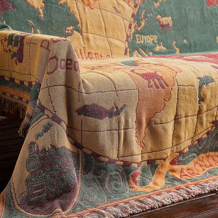 Wanderlust & Geborgenheit: Deine gewebte Boho-Multifunktionsdecke 'Weltkarte
